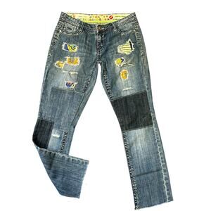Hot Kiss Lily Mid Rise Destroyed Patched Skinny Stretch Blue Jeans  size 7‎